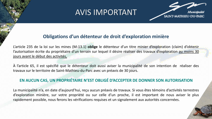 AVIS IMPORTANT | EXPLORATION MINIÈRE