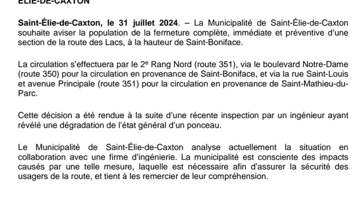 FERMETURE DE LA ROUTE DES LACS | SAINT-ÉLIE-DE-CAXTON