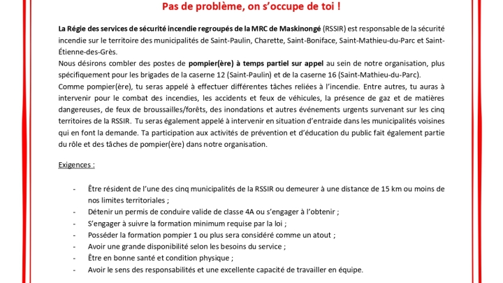 Poste de Pompier(ère) à combler