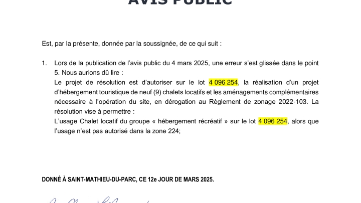 ERRATUM | AVIS PUBLIC