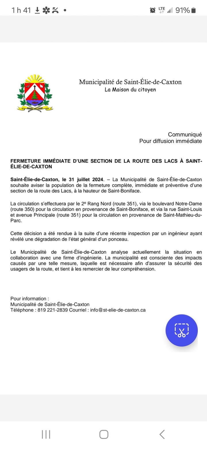 FERMETURE DE LA ROUTE DES LACS | SAINT-ÉLIE-DE-CAXTON