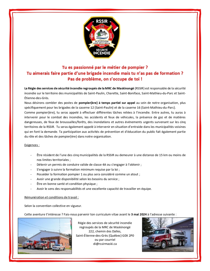 Poste de Pompier(ère) à combler