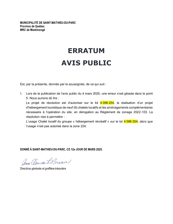ERRATUM | AVIS PUBLIC